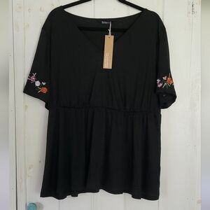 Bloomchic Babydoll Embroidered Shortsleeve V Neck Top